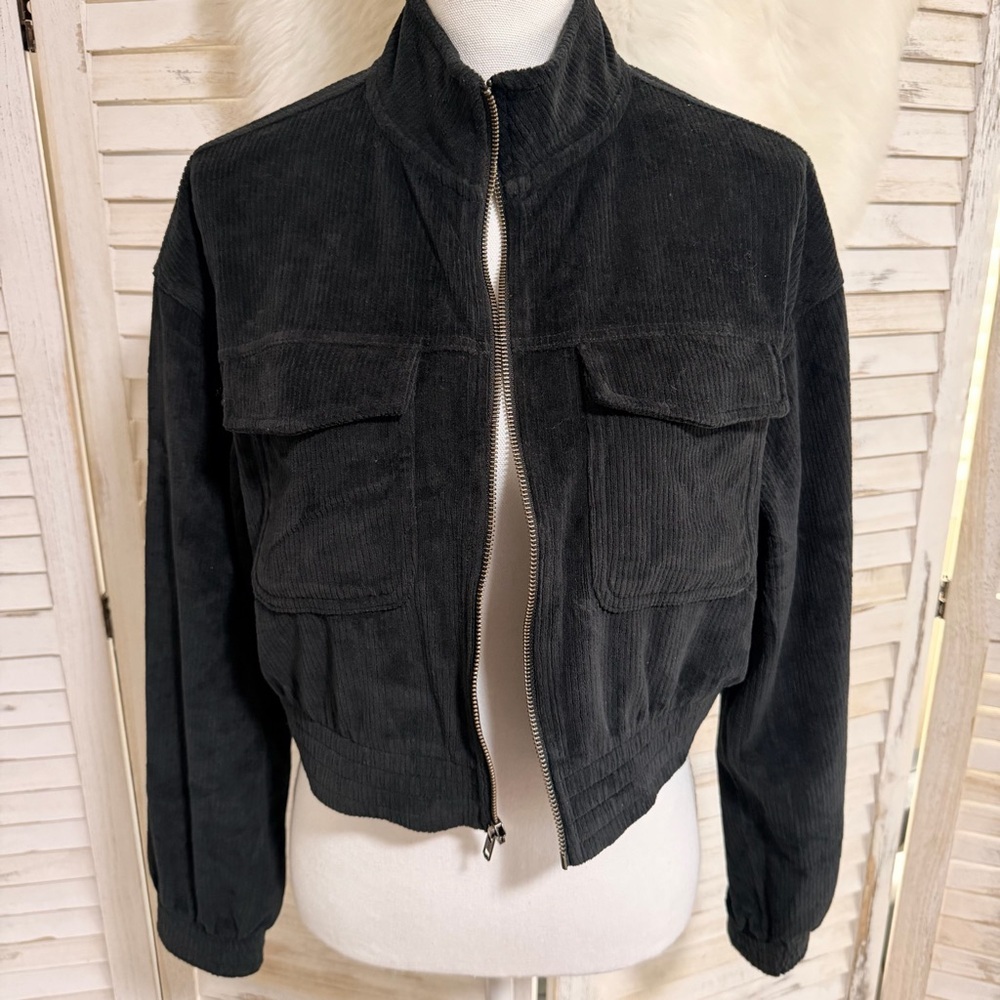 aerie Black Corduroy Bomber Jacket